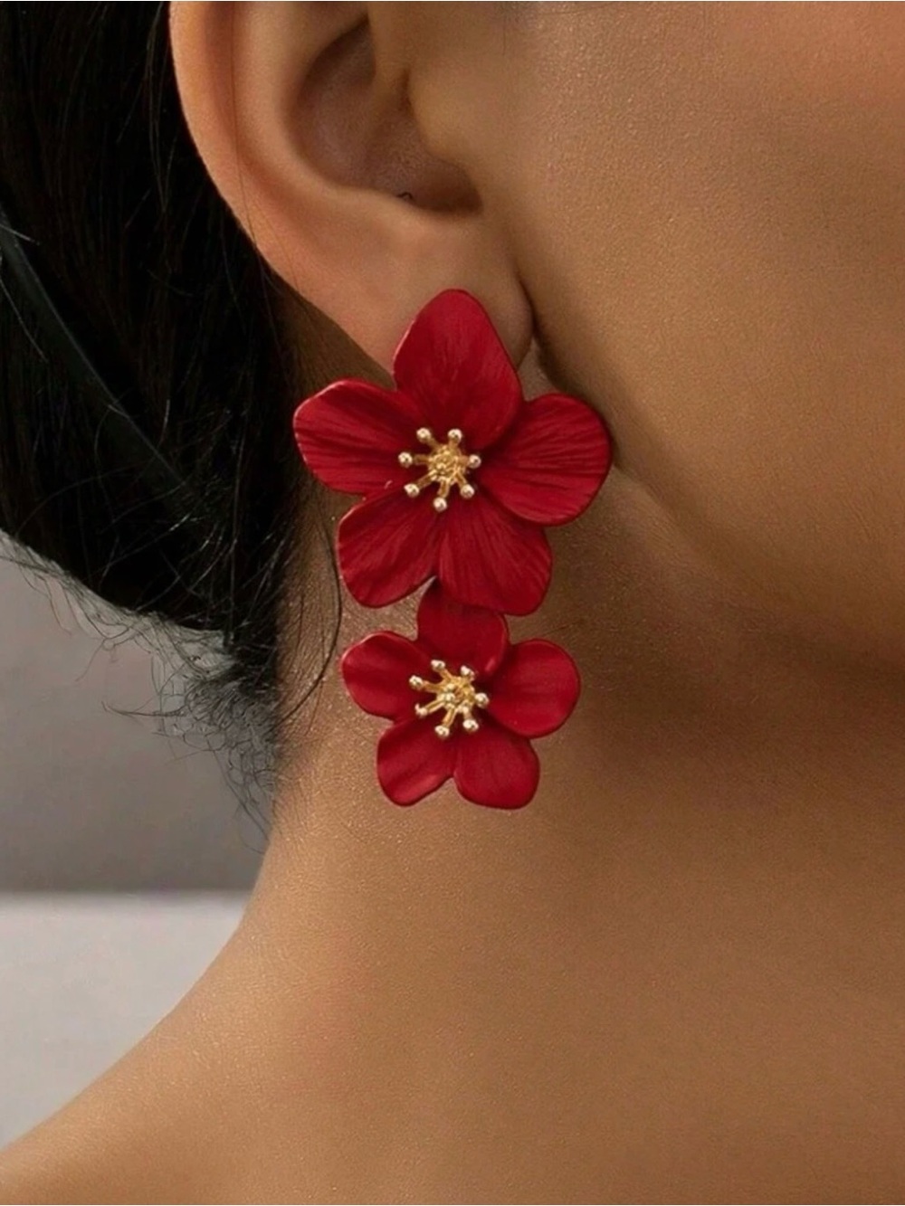 Bold Red Floral Drop Earrings with Gold Accents